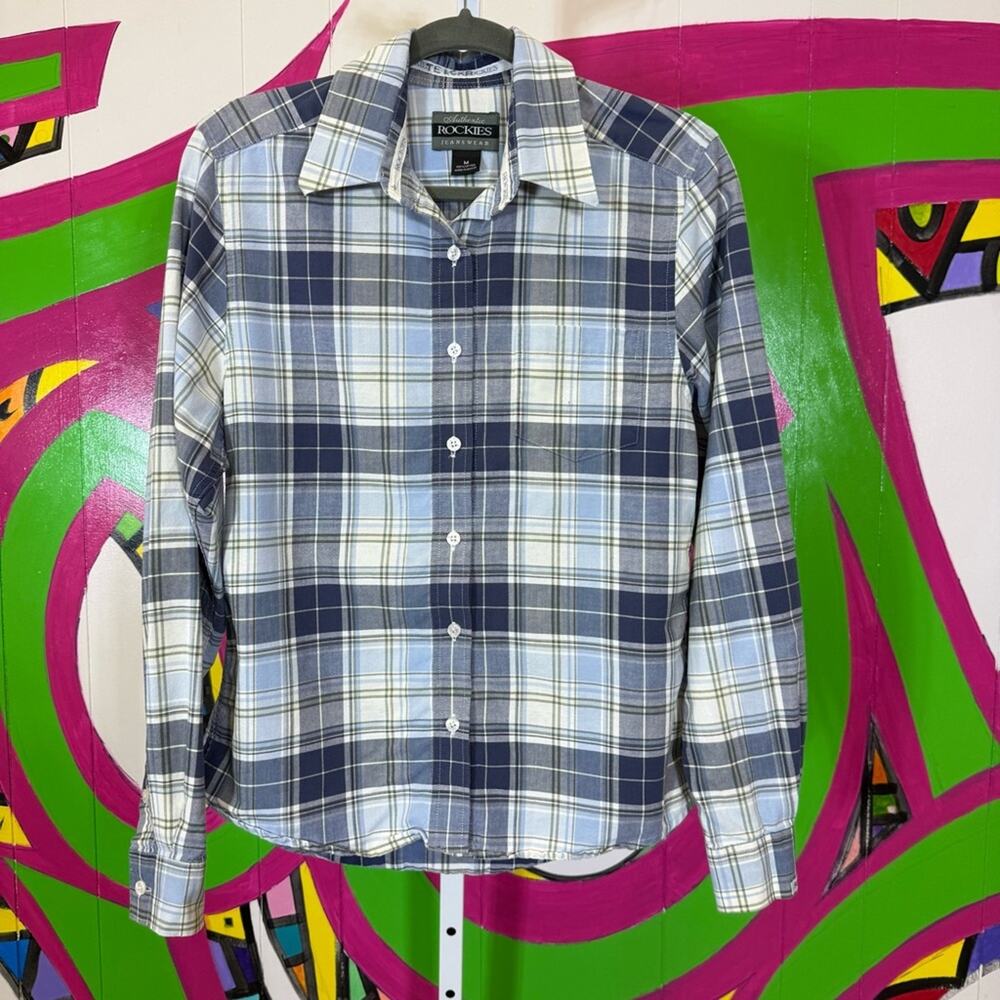 Rockies, Navy and Light Blue Plaid Shirt. Size Medium. Excellent condition!